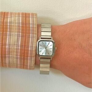 Y2K Silver Square Quartz Watch with Minimal Dial Unisex 8.5" New